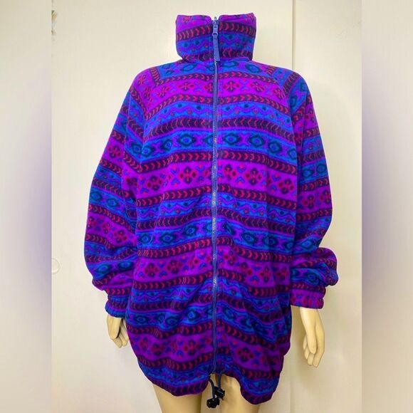 Vintage 90s Purple & Blue Aztec Print Fleece Jacket Size XL - Picture 7 of 9